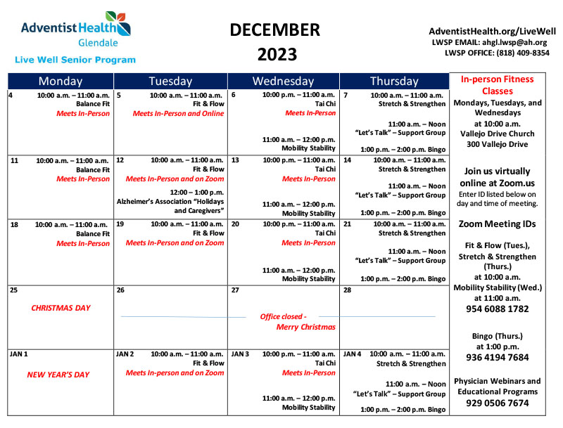 Calendar, Live Well Senior Program, December 2023